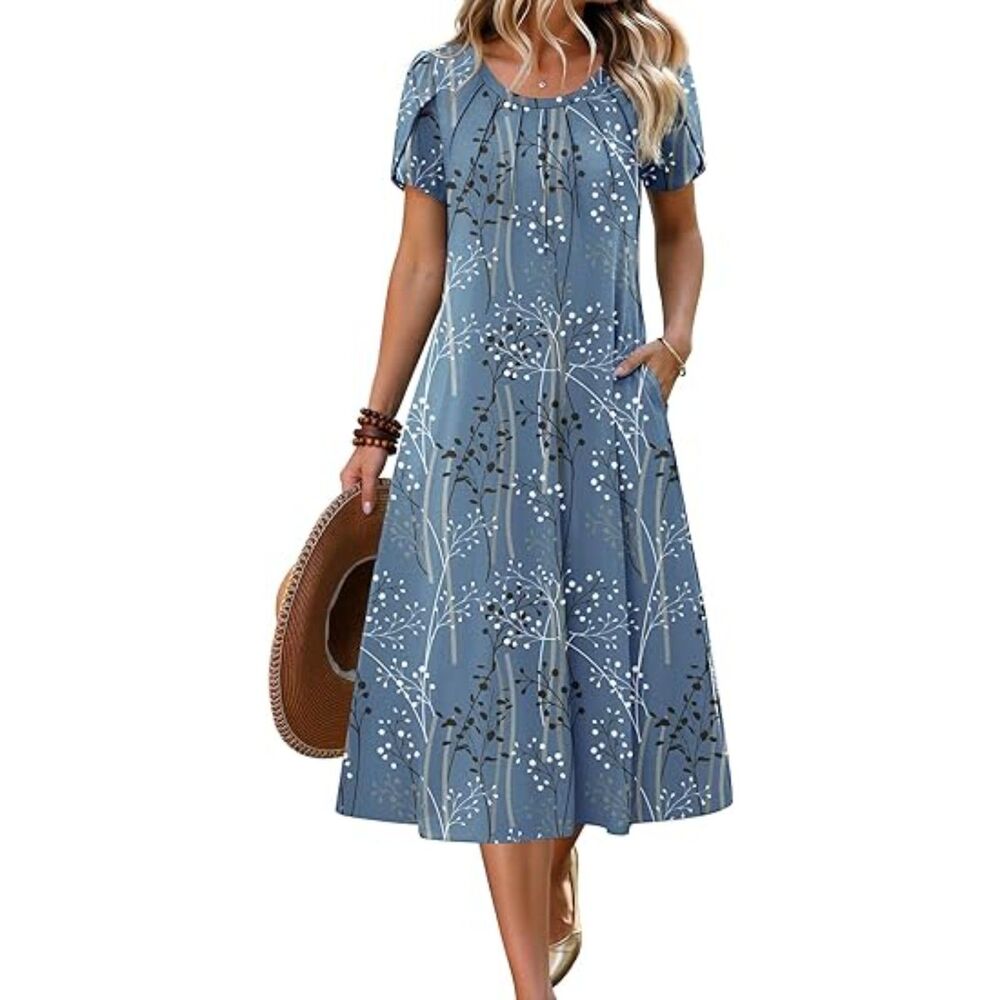 Women's Blue Floral Blend Crew Neck A Line Short Sleeve Flowy Boho Sundress